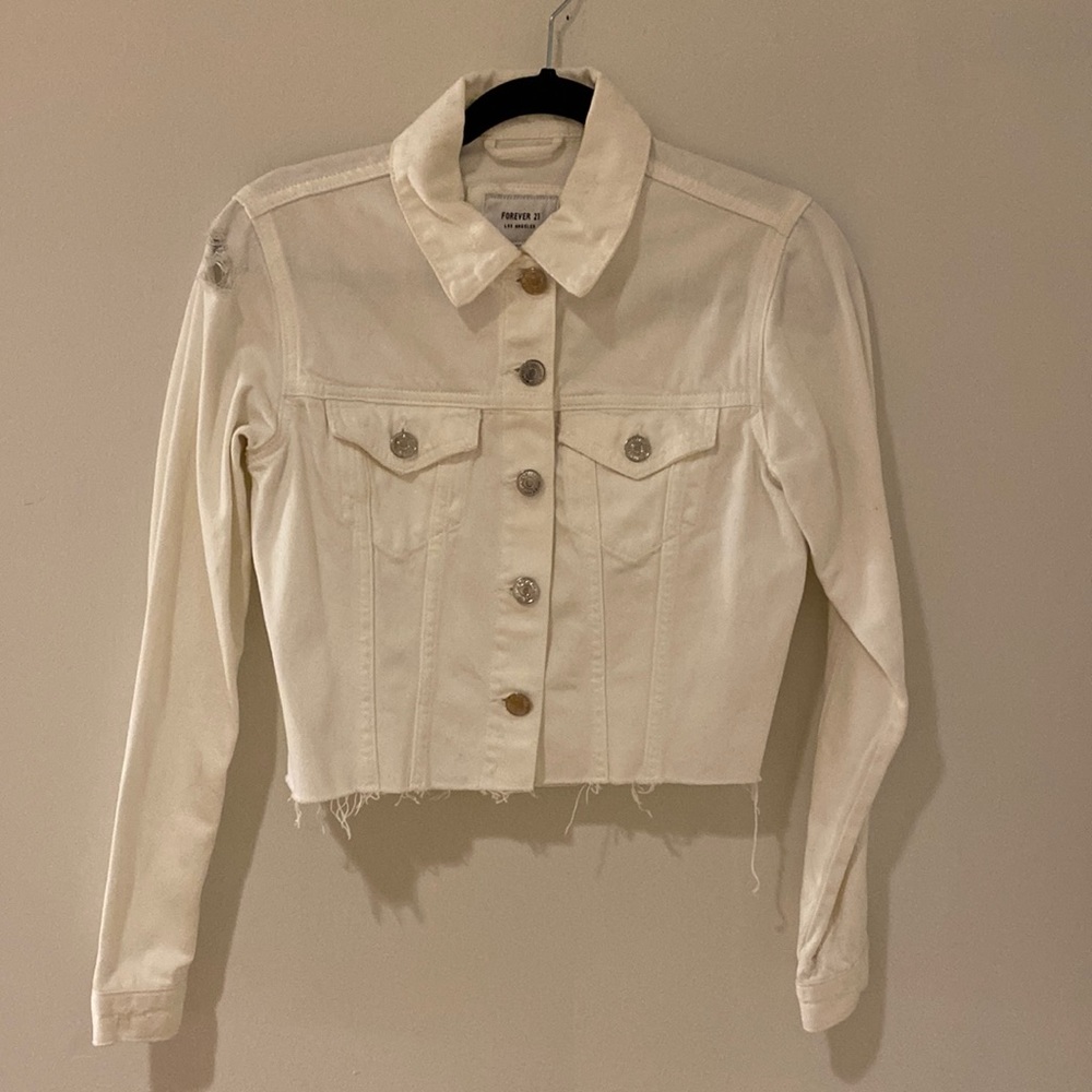 White forever 21 distressed jean crop jacket size S